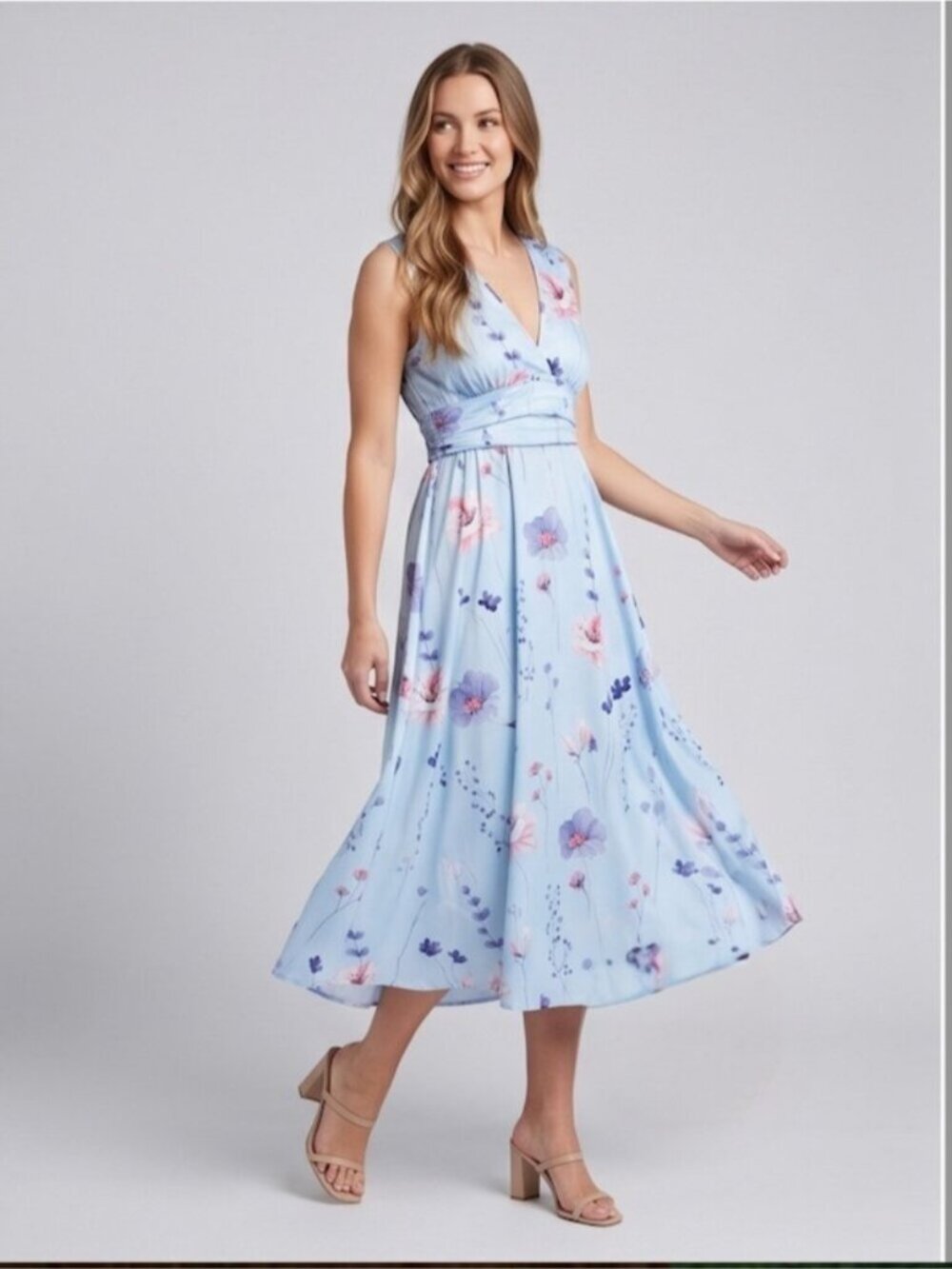 LAST ONE 🔥 Light Blue Floral V-Neck Cinch-Waist Midi Dress - Picture 3 of 6